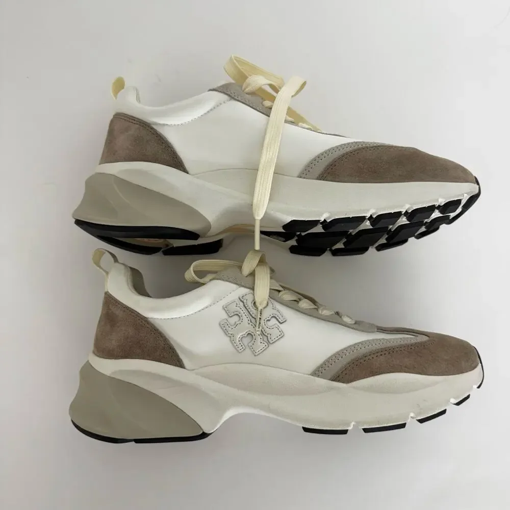 Tory Burch Good Luck Trainer Sneakers Suede Trim White/Tan Women's 9.5M